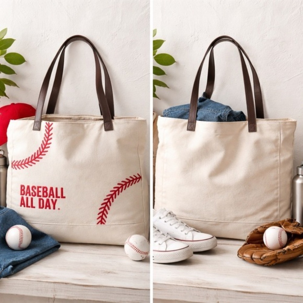 Baseball All Day‎ Canvas Tote Bag with Red Stitching